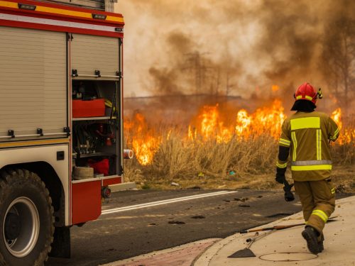 A bushfire occurring at the front of an Australian home.
